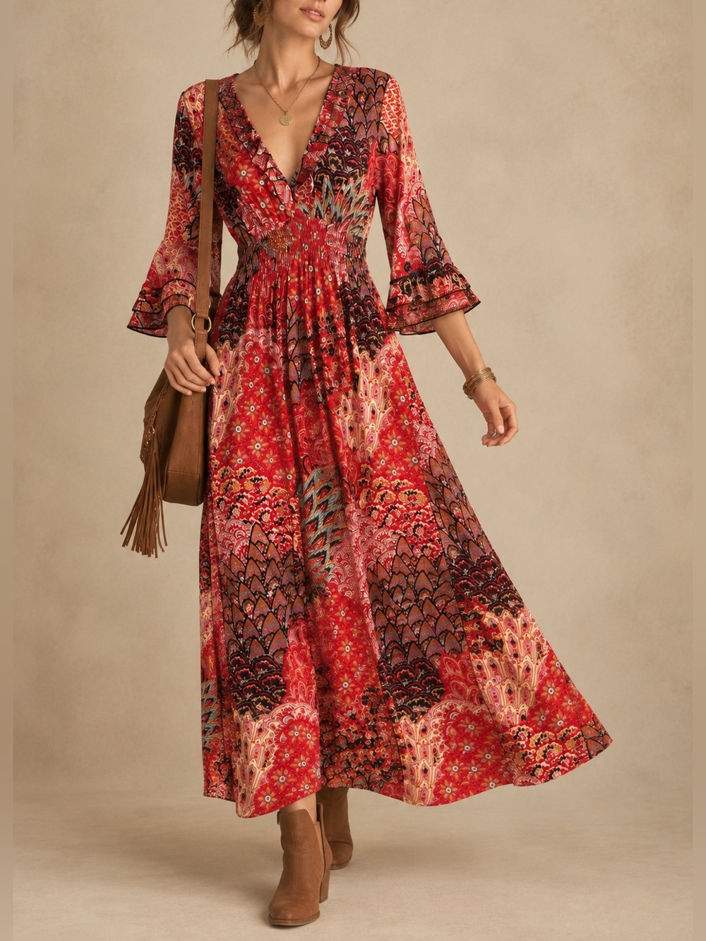 Seven Islands XL Boho Paisley Patchwork Smocked Waist Bell Sleeve Maxi Dress
